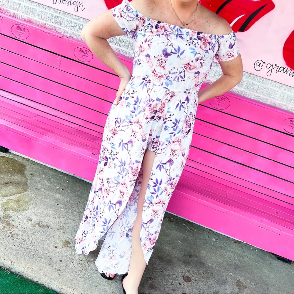 Rue21 Pink and White Floral Maxi with open front with shorts